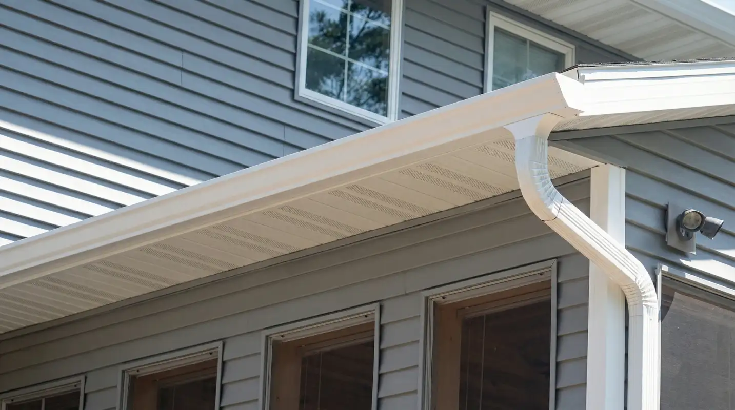 Professional home remodeling project showing newly installed white seamless gutters and downspouts on a house with gray siding in Aurora, CO
