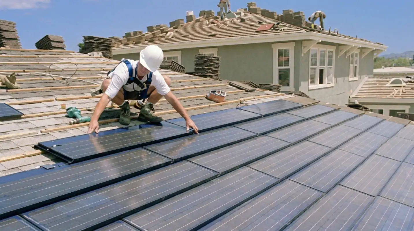 Roof replacement expert installing modern solar shingles on a residential home in Aurora, CO