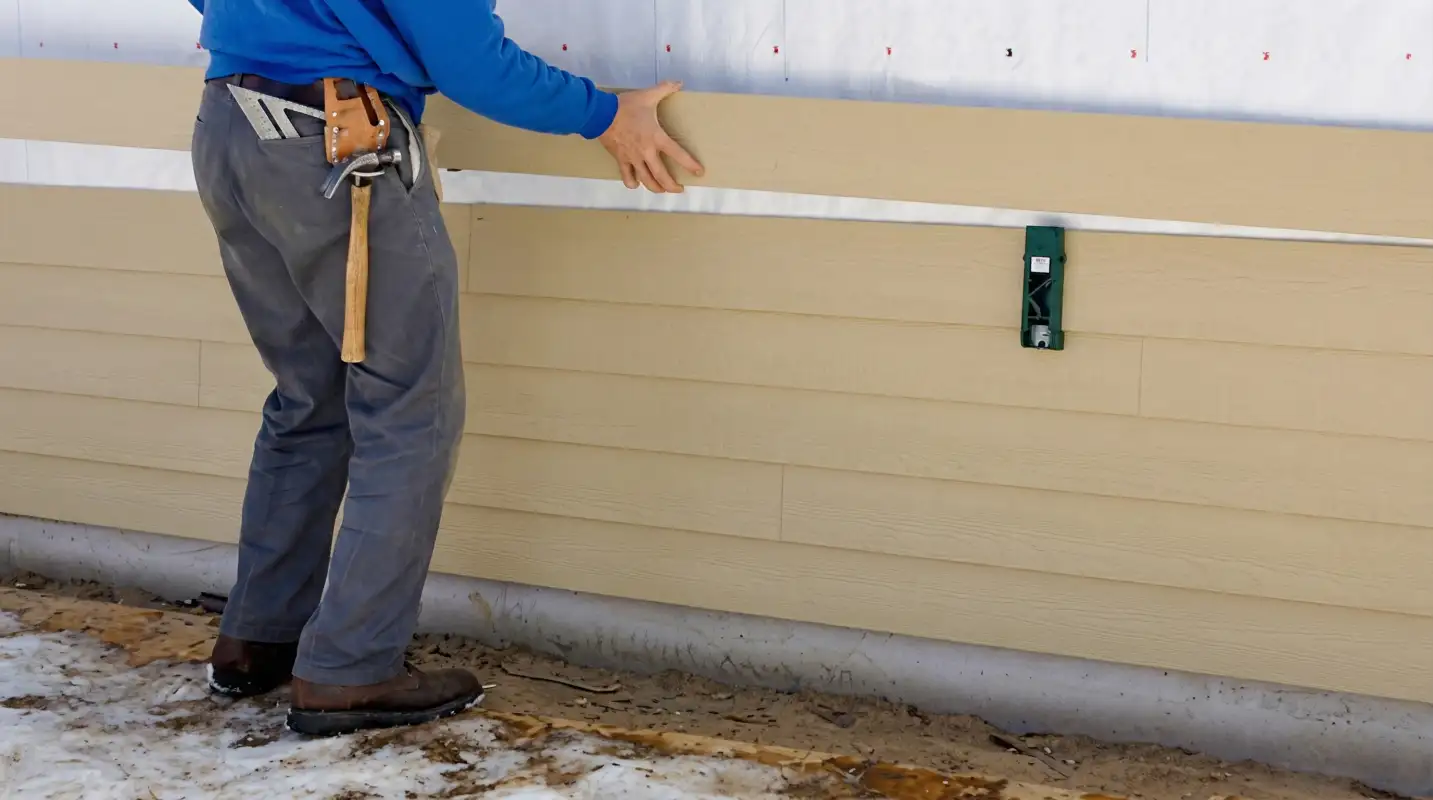 Siding replacement expert carefully aligning a new tan siding panel onto a residential exterior wall in Aurora, CO