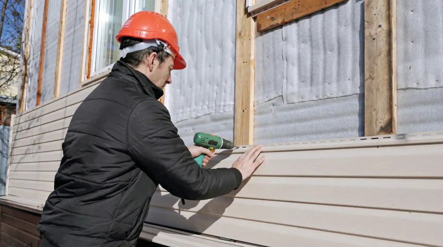 Siding replacement professional using a power drill to install new tan vinyl siding on a home exterior in Aurora, CO