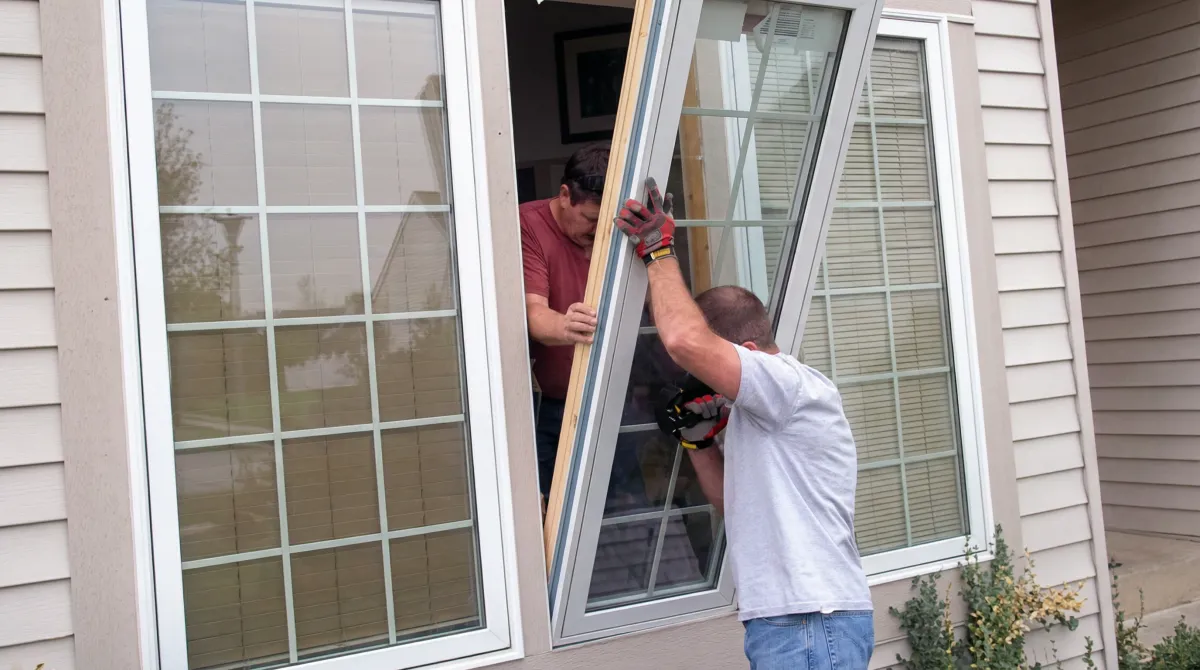 Professional home remodeling team installing a large replacement window on a house with tan siding in Aurora, CO