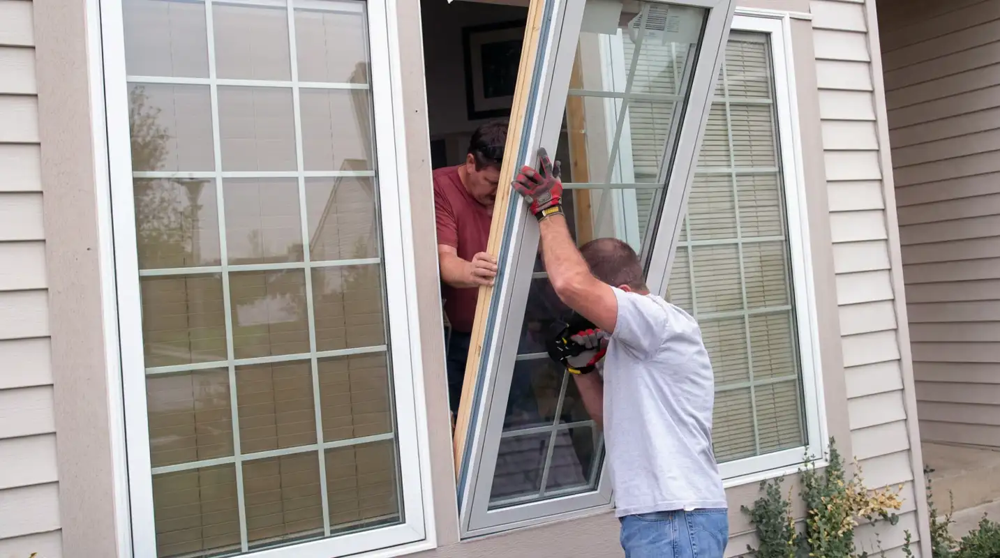 Professional home remodeling team installing a large replacement window on a house with tan siding in Aurora, CO